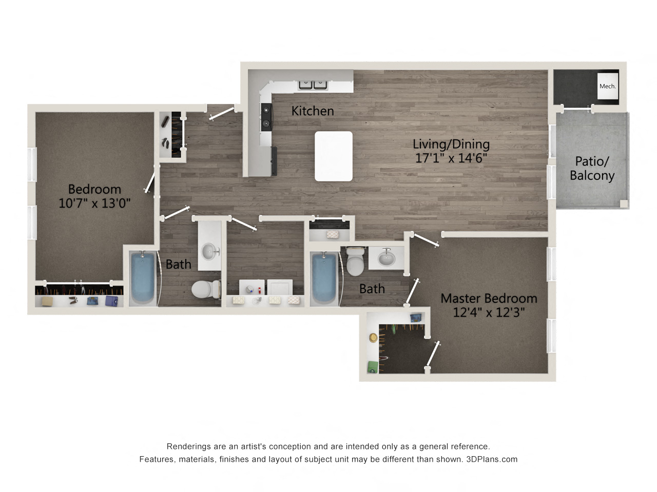 Floor plan for 2 beds, 2 baths, 984 sqft